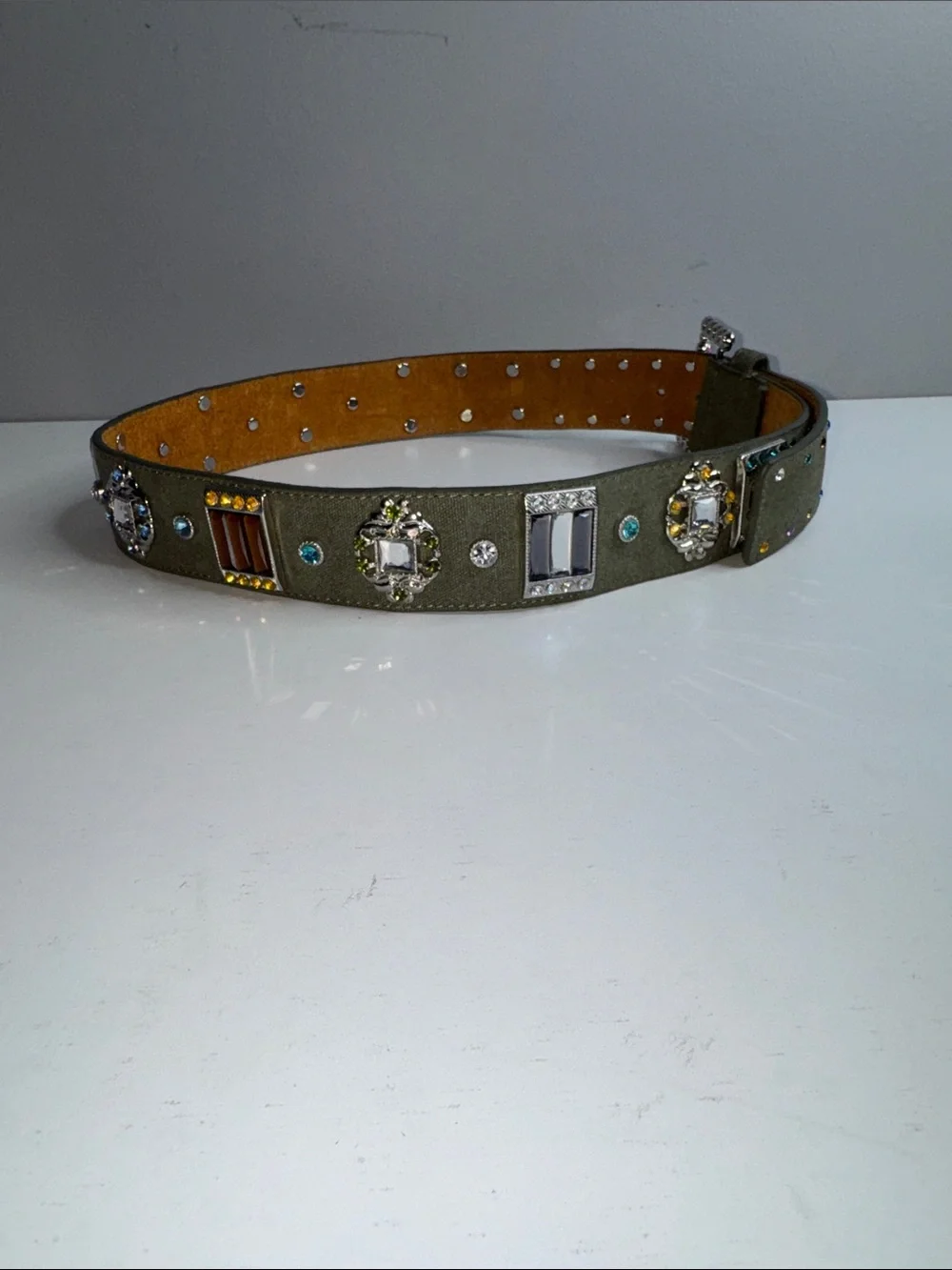 Vintage Olive Green Jeweled Statement Belt – Multicolor Rhinestone Buckle – Boho